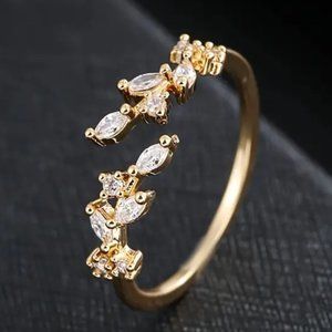 14K Yellow Gold Plated Leaf Zircon Open Ring Adjustable